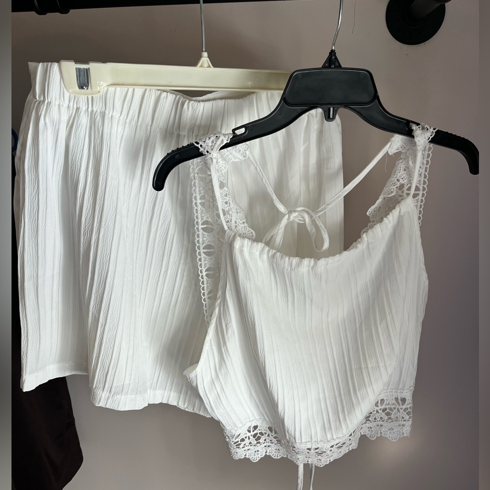 White Lace Trim Crop Top and Short Set